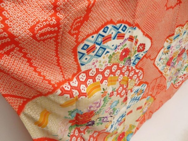 Photo3: 5626T13z1020 Vintage Japanese Kimono Silk SHIBORI FURISODE Orangered (3)