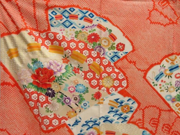 Photo8: 5626T13z1020 Vintage Japanese Kimono Silk SHIBORI FURISODE Orangered (8)