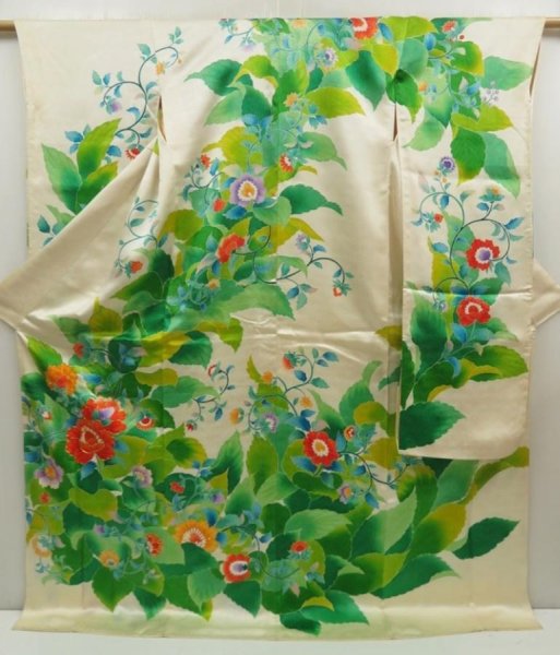 Photo1: 5626T14z1140 Vintage Japanese Kimono Silk FURISODE Flowers Green (1)