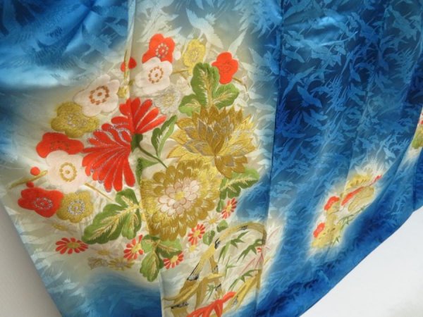 Photo3: 5702T02z1070 Vintage Japanese Kimono Silk FURISODE Chrysanthemum Dark blue (3)