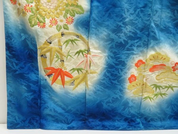 Photo6: 5702T02z1070 Vintage Japanese Kimono Silk FURISODE Chrysanthemum Dark blue (6)