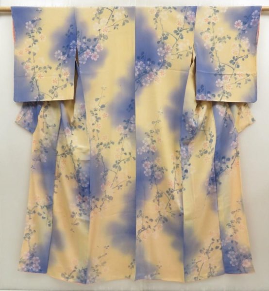 Photo1: 5702T03z540 Vintage Japanese Kimono Silk KOMON Flower Light cream (1)