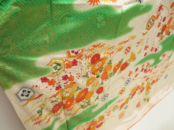 Photo3: 5702T04z1120 Vintage Japanese Kimono Silk FURISODE Chrysanthemum Off-white (3)