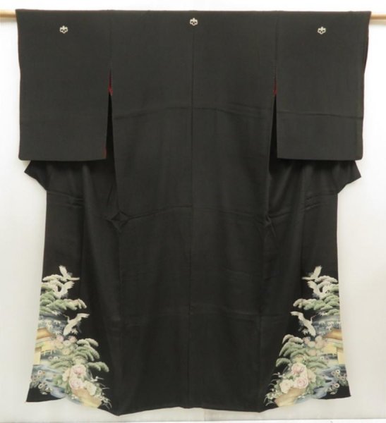 Photo1: 5702T05z500 Antique Japanese Kimono Silk TOMESODE Flying crane Black (1)