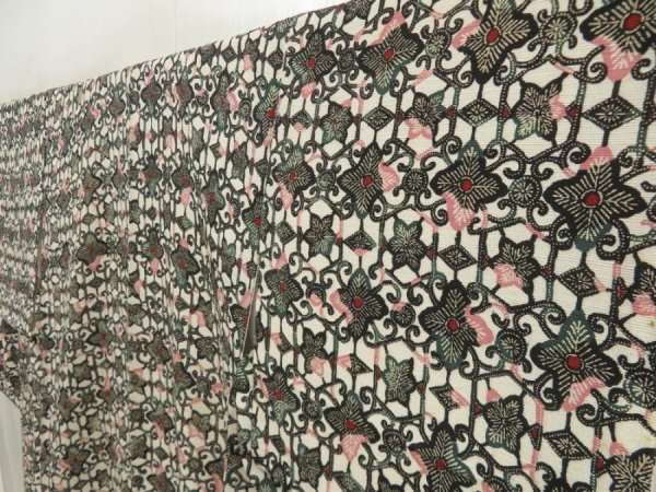 Photo2: 5702T07z760 Vintage Japanese Kimono Silk KOMON Leaves Off-white (2)