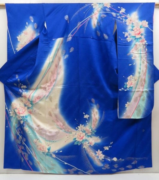 Photo1: 5702T08z1100 Vintage Japanese Kimono Silk FURISODE Feather Oriental blue (1)