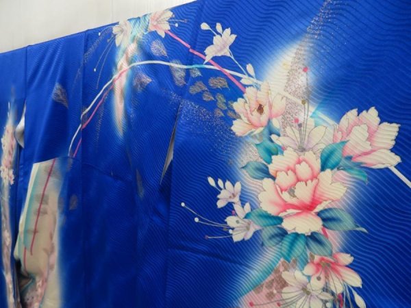 Photo2: 5702T08z1100 Vintage Japanese Kimono Silk FURISODE Feather Oriental blue (2)