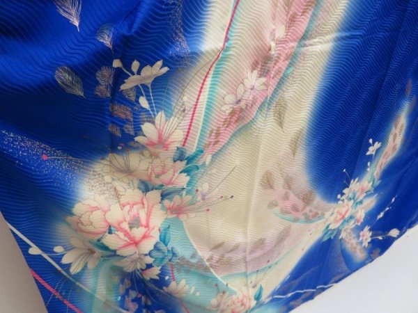 Photo3: 5702T08z1100 Vintage Japanese Kimono Silk FURISODE Feather Oriental blue (3)