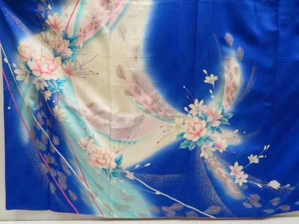 Photo5: 5702T08z1100 Vintage Japanese Kimono Silk FURISODE Feather Oriental blue (5)
