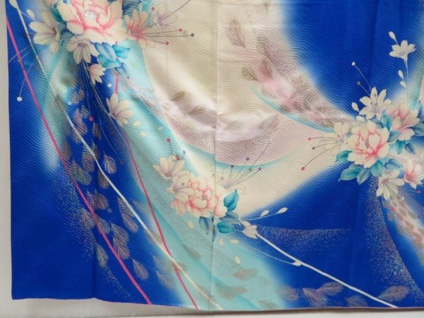 Photo6: 5702T08z1100 Vintage Japanese Kimono Silk FURISODE Feather Oriental blue (6)