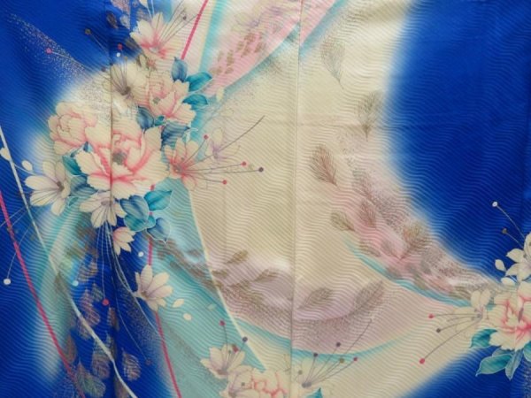 Photo8: 5702T08z1100 Vintage Japanese Kimono Silk FURISODE Feather Oriental blue (8)