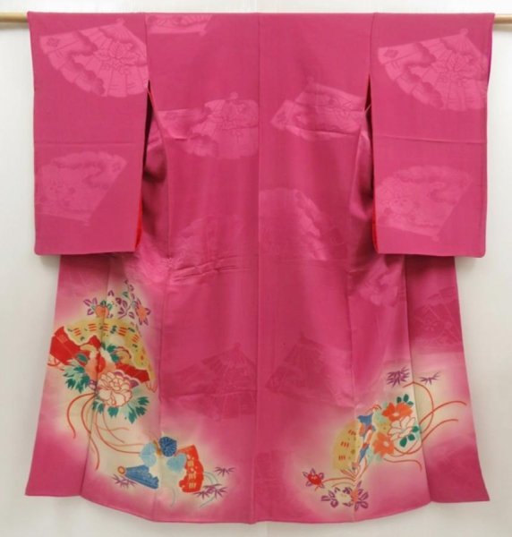 Photo1: 5702T10z570 Antique Japanese Kimono Silk IROTOMESODE Folding fan Dark pink (1)