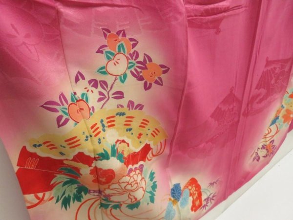 Photo3: 5702T10z570 Antique Japanese Kimono Silk IROTOMESODE Folding fan Dark pink (3)