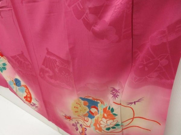 Photo4: 5702T10z570 Antique Japanese Kimono Silk IROTOMESODE Folding fan Dark pink (4)