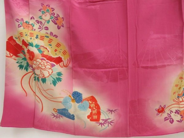 Photo5: 5702T10z570 Antique Japanese Kimono Silk IROTOMESODE Folding fan Dark pink (5)