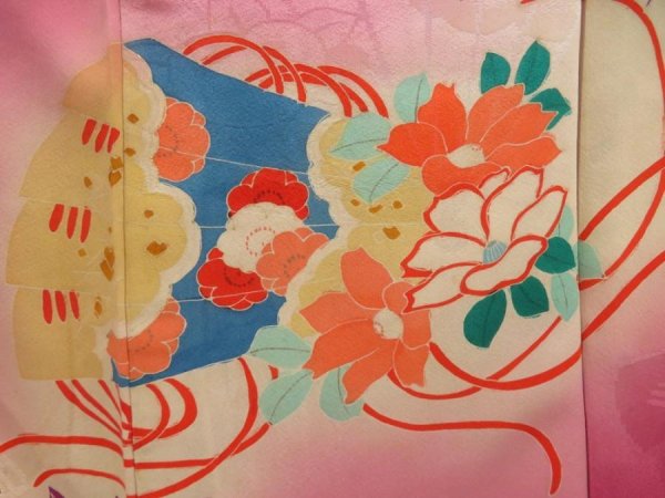Photo7: 5702T10z570 Antique Japanese Kimono Silk IROTOMESODE Folding fan Dark pink (7)