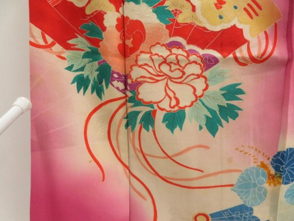 Photo8: 5702T10z570 Antique Japanese Kimono Silk IROTOMESODE Folding fan Dark pink (8)