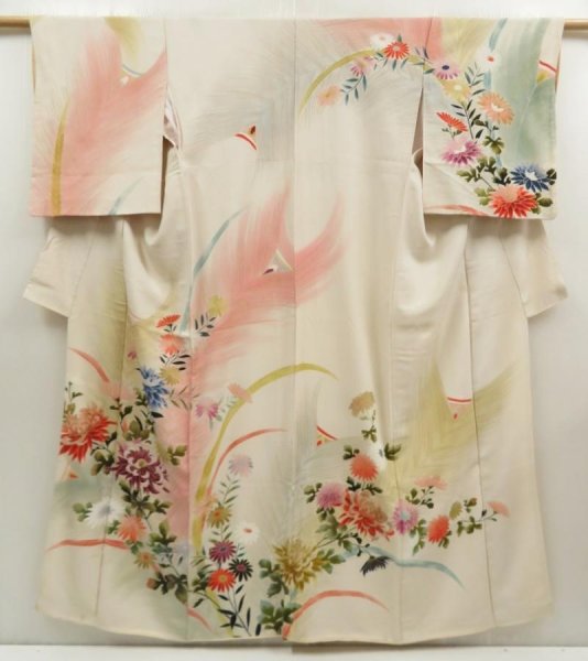 Photo1: 5702T11z870 Vintage Japanese Kimono Silk TSUKESAGE Chrysanthemum Sand beige (1)