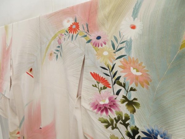 Photo2: 5702T11z870 Vintage Japanese Kimono Silk TSUKESAGE Chrysanthemum Sand beige (2)