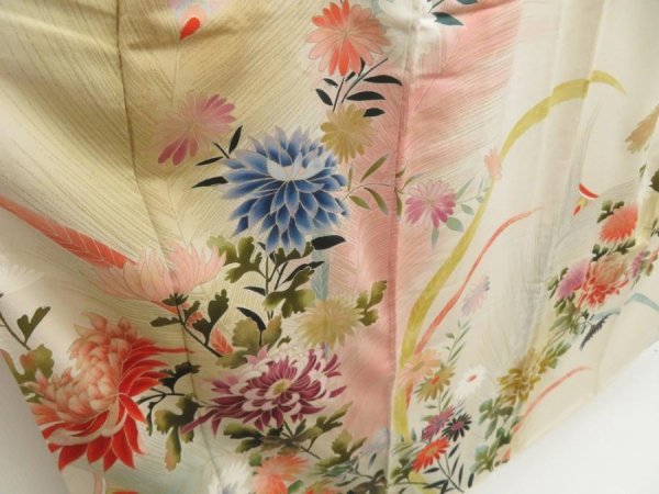 Photo3: 5702T11z870 Vintage Japanese Kimono Silk TSUKESAGE Chrysanthemum Sand beige (3)