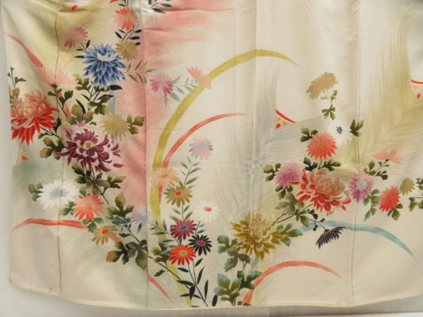Photo5: 5702T11z870 Vintage Japanese Kimono Silk TSUKESAGE Chrysanthemum Sand beige (5)