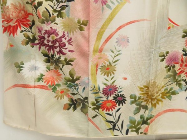 Photo6: 5702T11z870 Vintage Japanese Kimono Silk TSUKESAGE Chrysanthemum Sand beige (6)