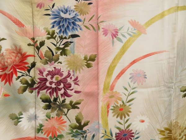 Photo8: 5702T11z870 Vintage Japanese Kimono Silk TSUKESAGE Chrysanthemum Sand beige (8)