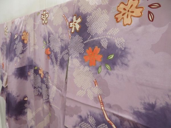 Photo2: 5702T12z760 Vintage Japanese Kimono Silk HOUMONGI Flower Light lavender (2)