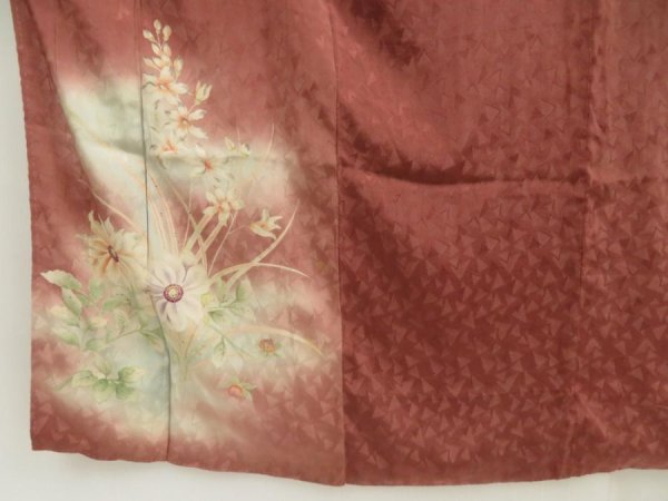 Photo6: 5702T13z650 Antique Japanese Kimono Silk IROTOMESODE Flowers Brown (6)