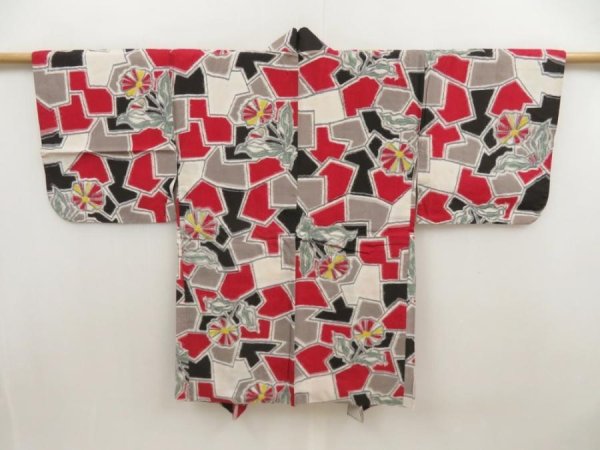 Photo1: 5703T01z510 Vintage Japanese Kimono Silk HAORI Flower Dark red (1)