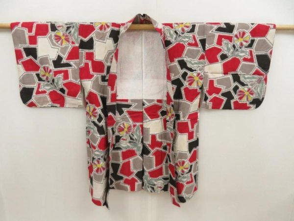 Photo5: 5703T01z510 Vintage Japanese Kimono Silk HAORI Flower Dark red (5)
