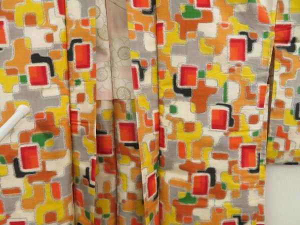 Photo7: 5703T02z400 Vintage Japanese Kimono Silk MEISEN HAORI  Orange (7)