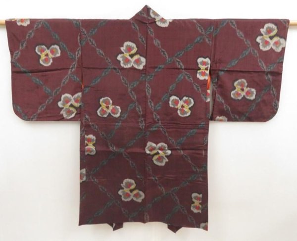 Photo1: 5703T03z420 Antique Japanese Kimono Silk MEISEN HAORI Flower Dark grape (1)
