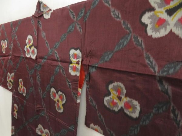 Photo2: 5703T03z420 Antique Japanese Kimono Silk MEISEN HAORI Flower Dark grape (2)