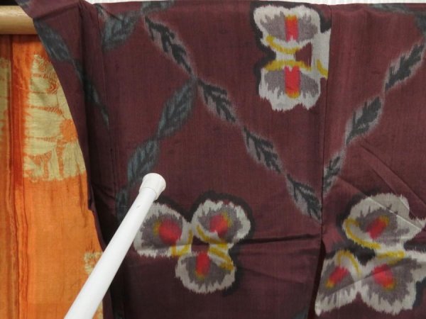 Photo7: 5703T03z420 Antique Japanese Kimono Silk MEISEN HAORI Flower Dark grape (7)