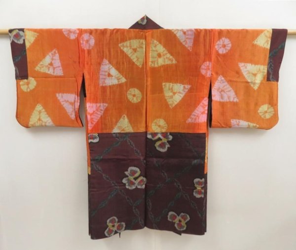 Photo8: 5703T03z420 Antique Japanese Kimono Silk MEISEN HAORI Flower Dark grape (8)