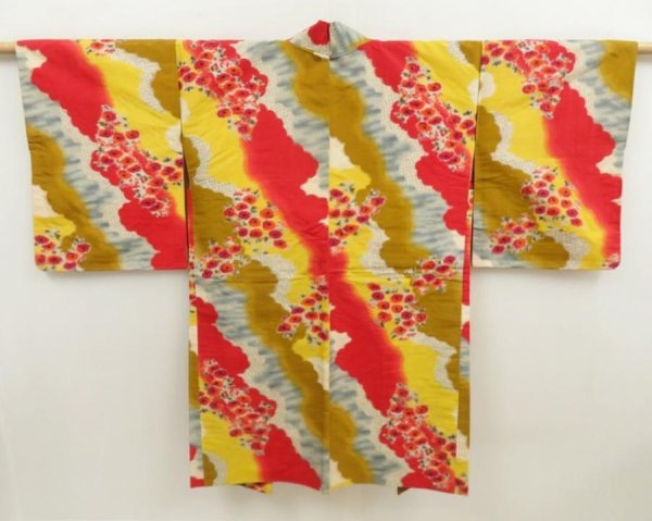 Photo1: 5703T04z500 Vintage Japanese Kimono Silk MEISEN HAORI Flower Red (1)