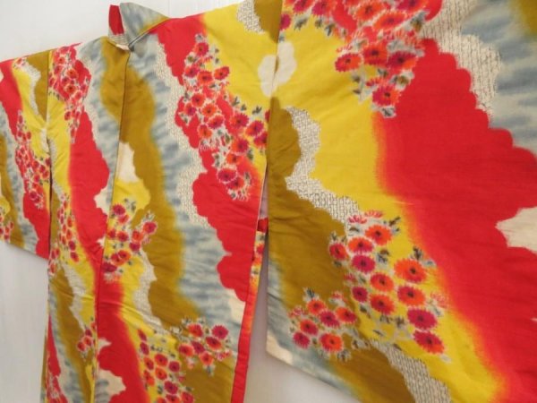 Photo2: 5703T04z500 Vintage Japanese Kimono Silk MEISEN HAORI Flower Red (2)
