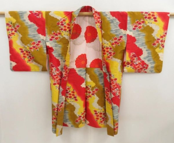 Photo6: 5703T04z500 Vintage Japanese Kimono Silk MEISEN HAORI Flower Red (6)