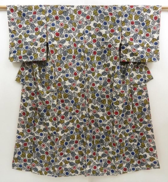 Photo1: 5703T07z670 Vintage Japanese Kimono Silk MEISEN KOMON Flower Light gray (1)