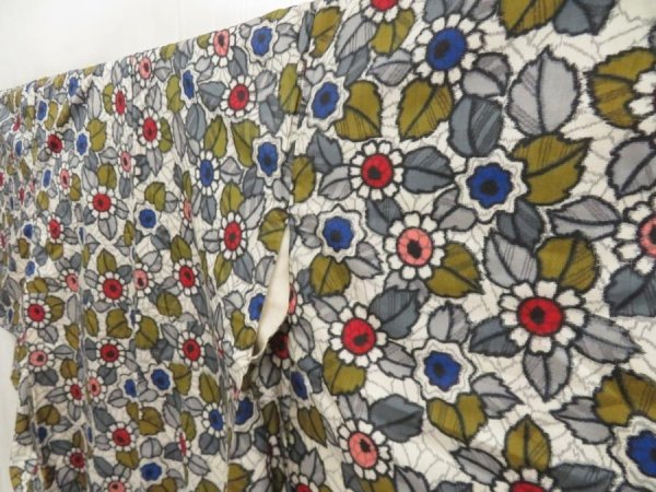 Photo2: 5703T07z670 Vintage Japanese Kimono Silk MEISEN KOMON Flower Light gray (2)
