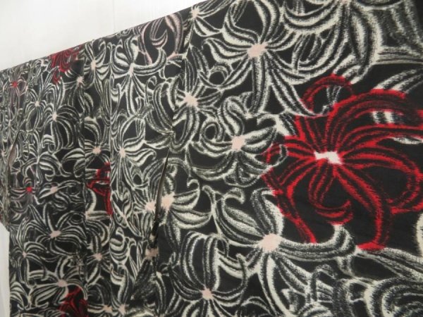 Photo2: 5703T08z650 Vintage Japanese Kimono Silk MEISEN KOMON Flower Black (2)