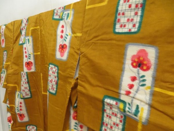 Photo2: 5703T09z770 Vintage Japanese Kimono Silk MEISEN KOMON Flower Yellow ochre (2)