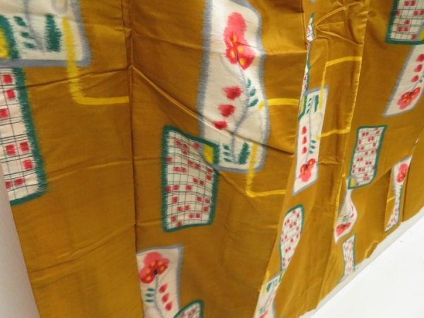 Photo3: 5703T09z770 Vintage Japanese Kimono Silk MEISEN KOMON Flower Yellow ochre (3)