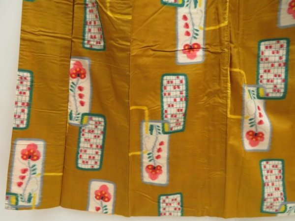 Photo4: 5703T09z770 Vintage Japanese Kimono Silk MEISEN KOMON Flower Yellow ochre (4)