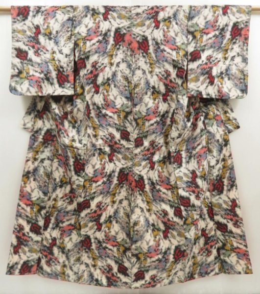 Photo1: 5703T10z730 Vintage Japanese Kimono Silk MEISEN KOMON  Off-white (1)