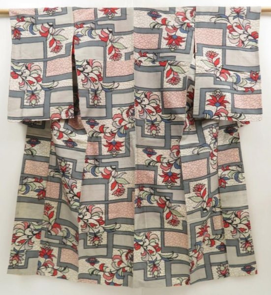 Photo1: 5703T11z520 Vintage Japanese Kimono Silk MEISEN KOMON Flower Gray (1)