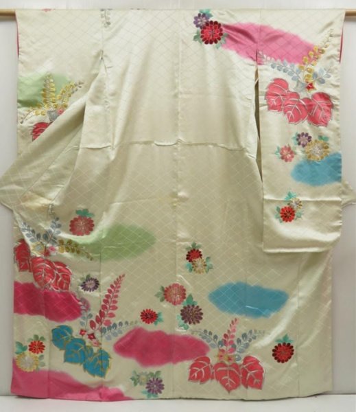 Photo1: 5703T13z1130 Vintage Japanese Kimono Silk FURISODE Paulownia Lime-White (1)