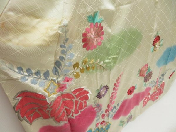 Photo3: 5703T13z1130 Vintage Japanese Kimono Silk FURISODE Paulownia Lime-White (3)