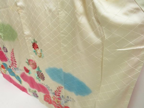 Photo4: 5703T13z1130 Vintage Japanese Kimono Silk FURISODE Paulownia Lime-White (4)